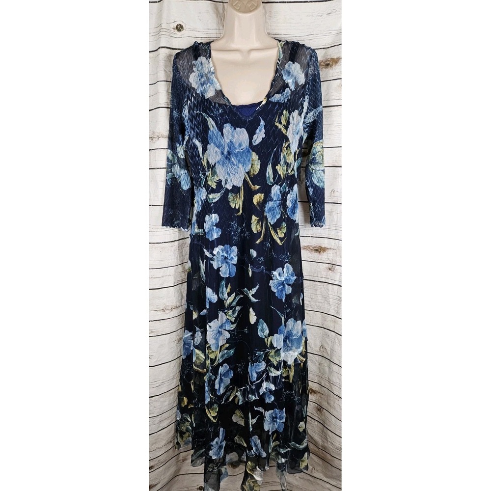 Komarov Blue Floral Crinkle Midi Dress 1X Fairycore Sheer Overlay Asymmetrical